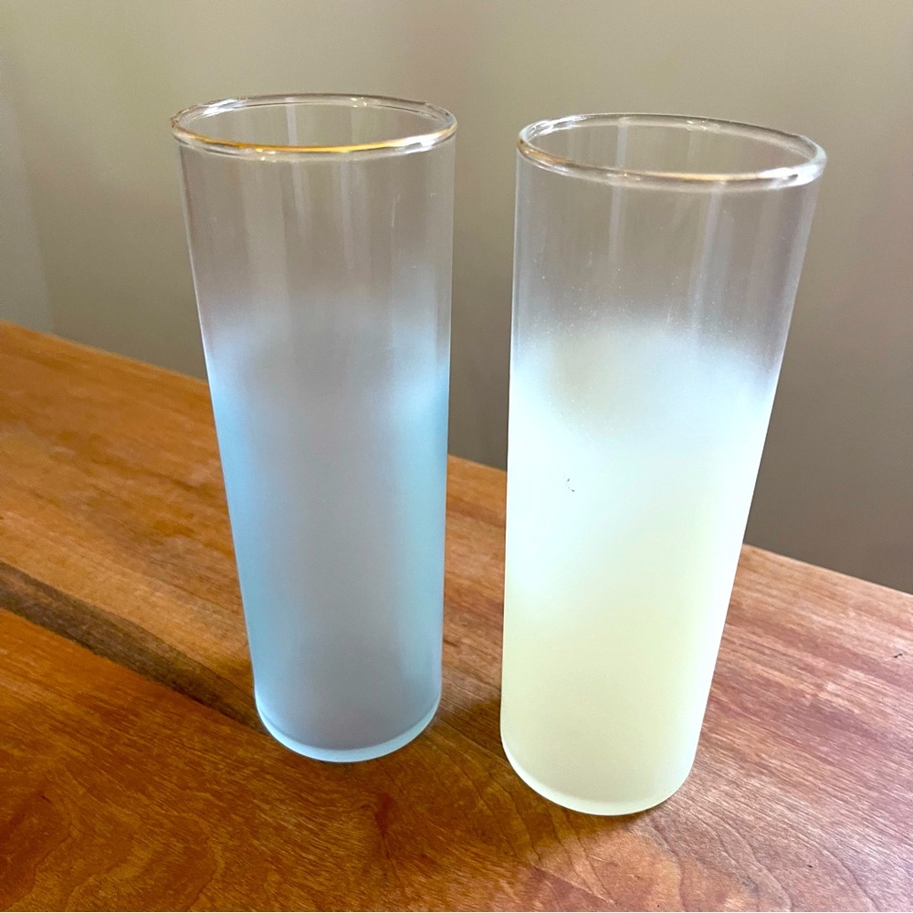Two Vintage Libbey Blendo Highball Glasses Blue Yellow Gold Tom Collins Frosted